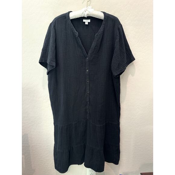J.JILL | Black Crinkle Cotton Gauze Button Front Midi Dress | Size XL Tall - Picture 1 of 7